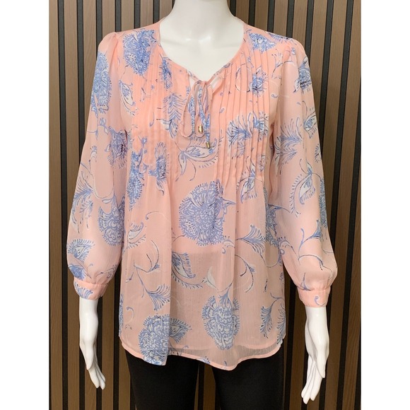 Tommy Hilfiger Tops - Tommy Hilfiger Peach Blue Floral Paisley Chiffon Pintuck Blouse XS TP/XP
